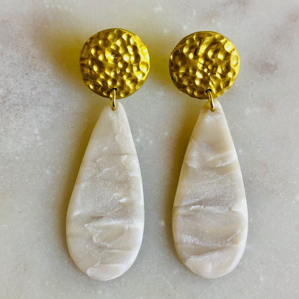 Hammered Gold and White Marble Teardrop Earrings